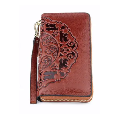 (dark yellow) Luxurious Women Wallet 100% Genuine Oil Waxing Leather Flower Large Capacity Long 