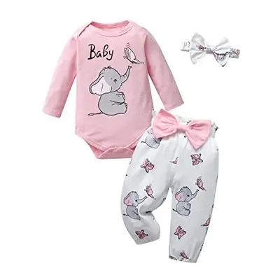 Newborn Baby Girl Clothes Sets Long Sleeve Elephant Animal Pattern Printed Romper + Pants 3Pcs O