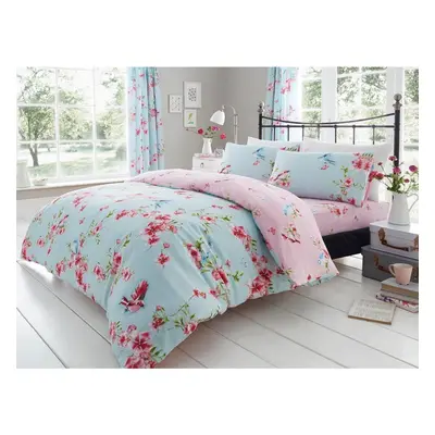 (King, Blue) Birdie Blossom Floral Duvet Covet Bedding Set