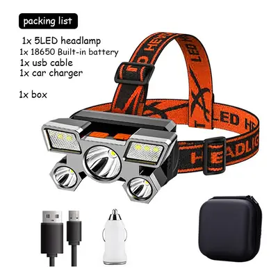 (G Packing) 5LED with Built-in Battery USB Rechargeable Portable Flashlight Lantern Headlamp Out