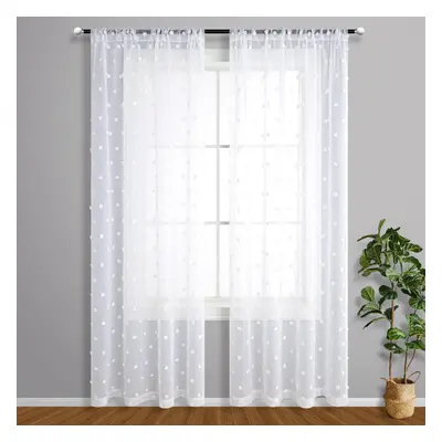 KOUFALL Sheer White Curtains Inches Long Panels Patterned Pom Pom Textured Farmhouse Boho Curtai