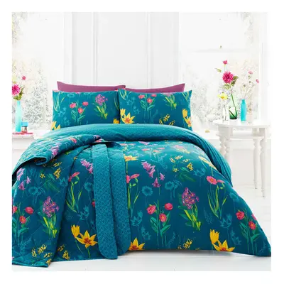 (Teal, King) Dreams & Drapes Ingrid Floral Print Reversible Duvet Cover Set