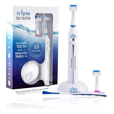 (White) Triple Bristle Sonic Rechargeable Toothbrush - Unique Perfectly Angled Three-Head Electr