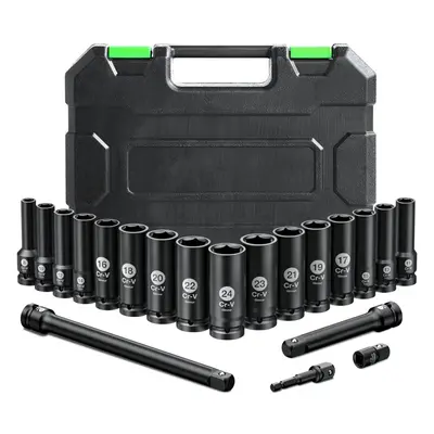 CR-V Drive Master Deep Impact Socket Set 8mm - 24mm, Metric, Point, with 3pcs Drive Impact Exten