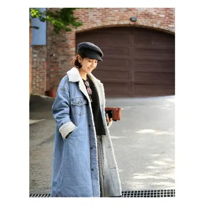 (sky blue, XXL) Winter Thicken Long Lamb Velvet Denim Trench Coat Winter Long Trench Coats For W