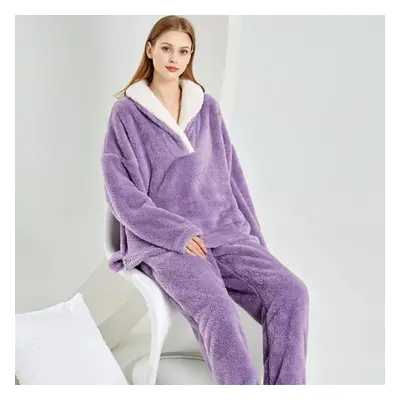 (purple, XXL) Winter Warm Flannel Women Pyjamas Sets Thicken Coral Velvet Homewear Long Sleeve S