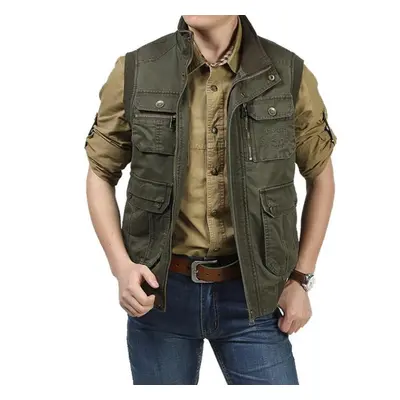 (army green, XXL) Large Size Men&apos;s Spring Casual Multi Pocket Cotton Vest