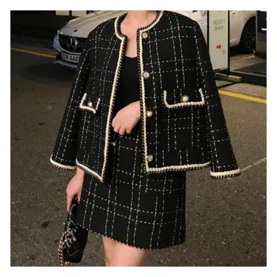 (black, L) European Style Autumn Winter Piece Suit Women Short Woolen Tweed Jacket Coat Bodycon 