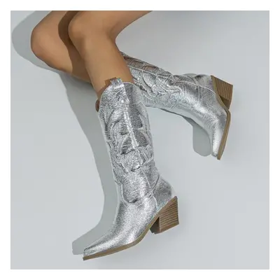 (silver, 41) Eilyken Designer Embroidery Knee-high Boots Women Handmade Western Cowboy Booties S