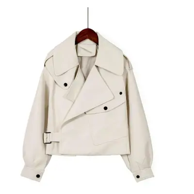 (beige, L) New Autumn Women Faux Leather Jacket Pu Motorcycle Biker Red Coat Turndown Collar Loo