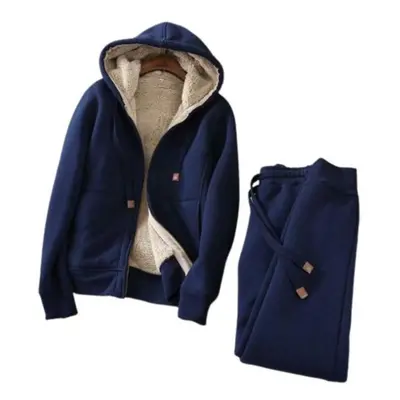 (blue, XL) Set Sweatshirt Pants Zipper Placket Cardigan Drawstring Elastic Waist Solid Color Kee