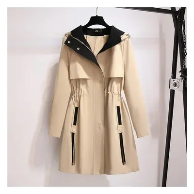 (khaki, 2XL) Plus Size Hooded Trench Coat Women Long Autumn Loose Temperament Casual Jacket