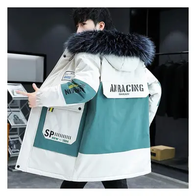 (white, XXL) Winter Fleece Men&apos;s Parka Patchwork Hooded Waterproof Coat Men&apos;s Fashion 