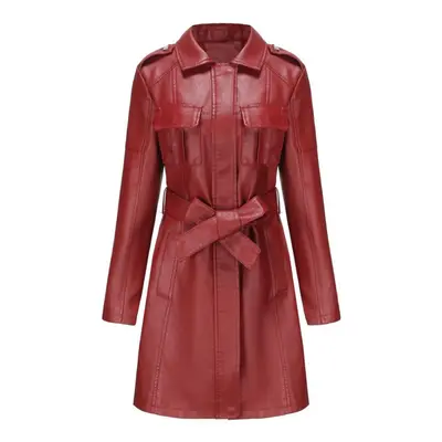 (burgundy, L) Women's Trench Coats Faux Leather Zipper Long Jackets With Belt Pockets Slim Fit P