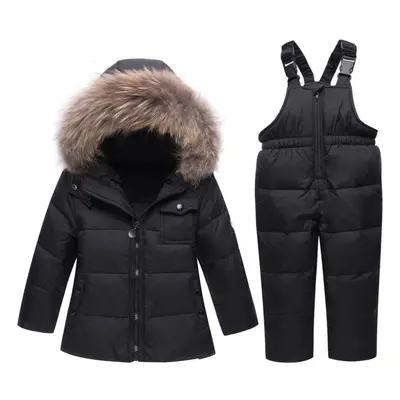 (black, 110(4T)) 2pcs Set Baby Girls Boys Winter Hooded Snowsuit Puffer Down Jacket With Snow Sk