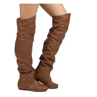 (brown, 39) Women Over-the-knee Boots Round Toe Flats Pleated Stretch Long Boots Lady Fashion Sh