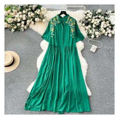 (green, One Size) Women Vintage Embroidery Pleated Single Breasted A-line Dresses Lapel Half Sle