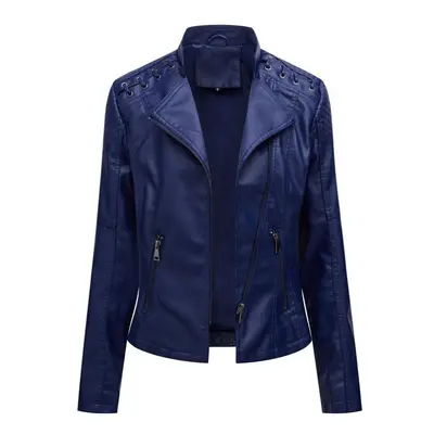 (navy blue, XXL) Women Autumn Winter Turn Down Collar Long Sleeve Slim Thin Zipper Pu Leather Mo