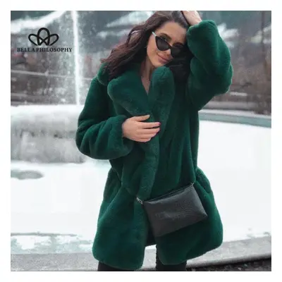 (green, S) Long Fashion Fur Plush Warm Elegant Casual Loose Coat Winter Thickened Lapel Fluffy C