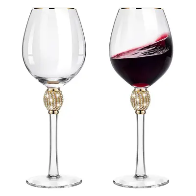 2 Pieces Rhinestone Red Wine Glass With Rim Tulip Shaped Diamond Wine Glasses Long Stem Glasswar