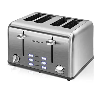 Aigostar Stainless Steel Toaster Slice, Independent and Extra-Wide Slots, Defrost & Reheat Funct