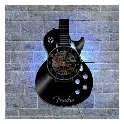 (Classic Guitar) Vinyl Record Hollow Black LED Wall Clock Classic Guitar Microphone Logo