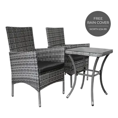 Bistro Set Rattan 3PC Outdoor Garden Chair Table Patio Dining Balcony Grey