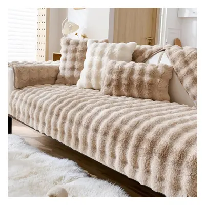 (khaki, 110x240cm) Thicken Imitation Rabbit Fur Plush Sofa Slipcover Non-slip Soft Sofa Towel Co