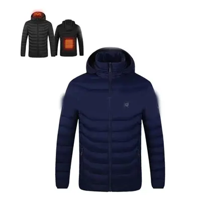 (blue, M) Men Heated Jackets Outdoor Coat Usb Electric Battery Long Sleeves Heating Hooded Jacke