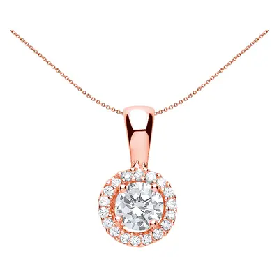 Jewelco London Ladies Rose Gold-Plated Sterling Silver CZ Solitaire Halo Pendant Necklace inch -