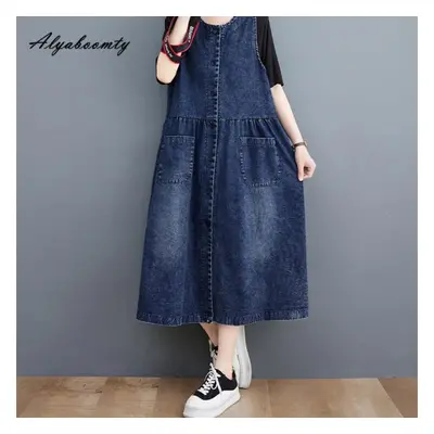 (blue, M) Plus Size Summer Autumn Women Denim A-line Midi Sundress O Neck Blue Casual Loose Kore