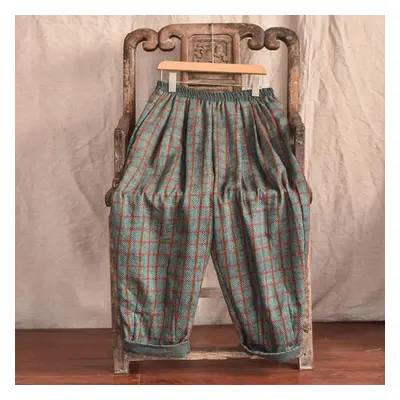 (dark green, One Size) Johnature Women Plaid Straight Pants Spring Elastic Waist Vintage Loose A