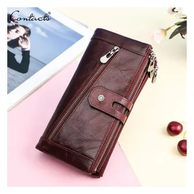 (red) Contact&apos;s Genuine Leather Wallet Long Clutch Bag For Women Zipper Phone Pocket Coin P