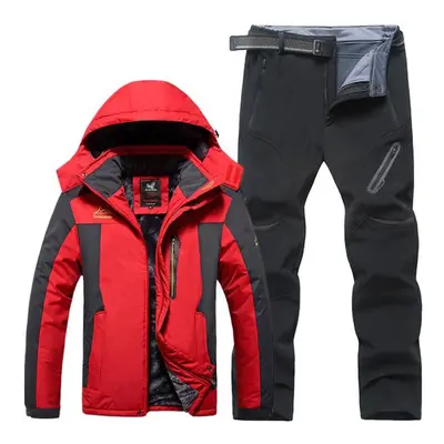 (red, L) Large Size Men&apos;s Autumn And Winter Waterproof Jackets And Pants Sets Fleece Warm O