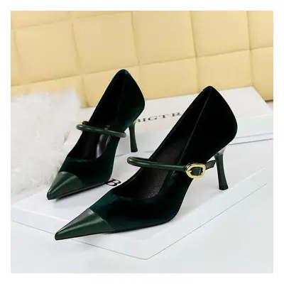 (green, 39) Banquet High Heels, Thin Heels, Shallow Mouth, Pointed Velvet Patchwork, Pointed Met