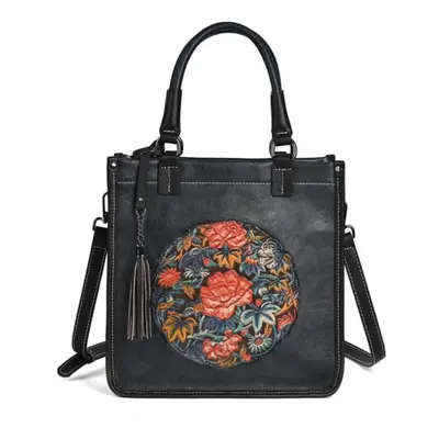 (black) Johnature Chinese Style Retro Embossed Women Bag Genuine Leather Versatile Real Cowhide 