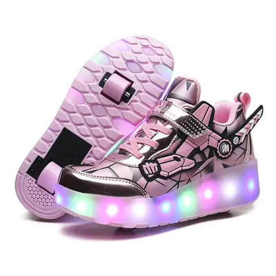 (pink, 28) Tuinanle Usb Led Light Sneakers For Kids Children Roller Skates Wheels Shoes Glowing 