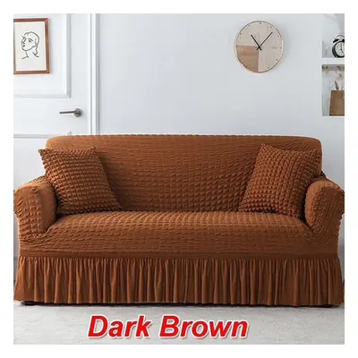 (dark brown, Double 145-185cm) Ruffled Seersucker Sofa Cover For Living Room Thick Elastic Solid