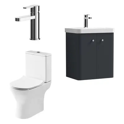 Cloakroom Suite - Wall Hung 500mm Vanity, Toilet and Tap Set - Soft Black