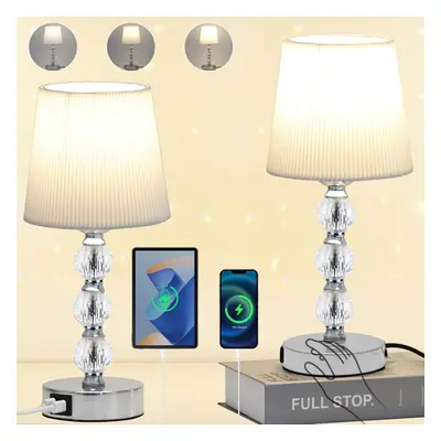 (Warm White) Bedside lamp set pieces 3-speed dimming crystal touch table lamp with USB A+C charg