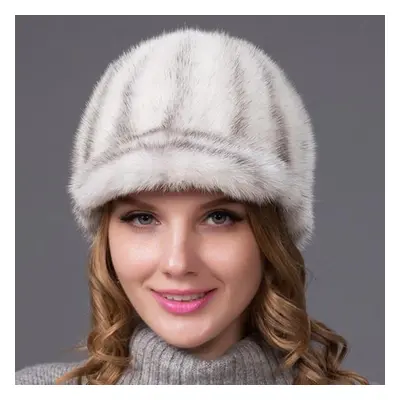 (white, L) Winter Mink Fur Women Warm Hat Fashion Thick Visor Hat Fox Fur Cap Casual