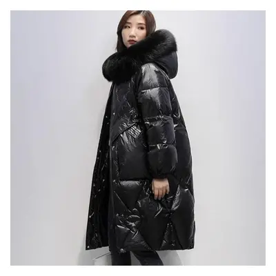 (black, XL) Women&apos;s Down Cotton Jacket Medium-length Thickened Coat Oversize Warm Large Fur