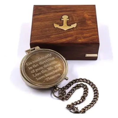 Go Confidently Look Engraved Brass Compass Wooden Case. Direction Camping Boating Gift Ideas Nau