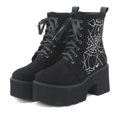 (black, 40) Gdgydh Women&apos;s Spider Pattern Chunky Heel Boots Fashion Lace Up Side Zipper Sty