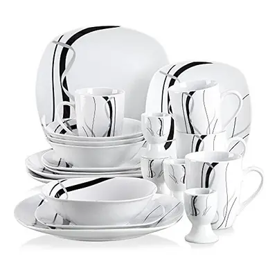 VEWEET 'Fiona' 20-Piece Dinner Set Ivory White Black Lines Porcelain Combination Sets with * Egg