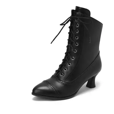 (black, 37) Annymoli Women Ankle Short Boots Pointed Toe Block High Heels Lace-up Zipper Combat 