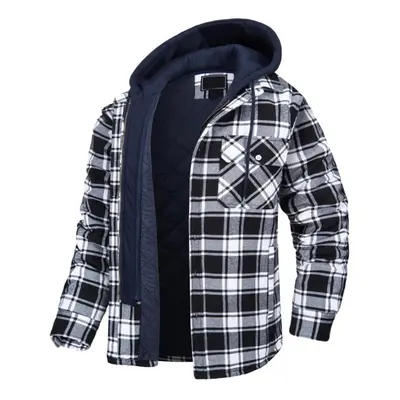 (black, XXXXL) Men&apos;s Autumn/winter Long Sleeve Lapel Plaid Hooded Thickened Shirt Jacket