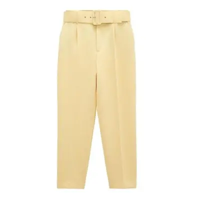 (light yellow, M) Pants Suit Women High Waist Sashes Pockets Middle Aged Long Pant