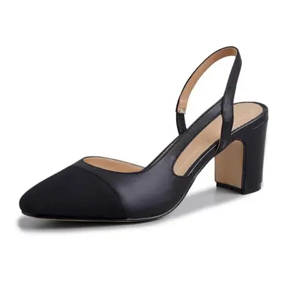 (black, 41) Meotina Women Slingback Shoes Genuine Leather Thick Heels Pumps Round Toe Causal Hig