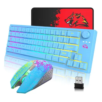 (Blue) 64-Keys Translucent RGB Gaming Wireless Keyboard with Adjustable Mouse Pad for PC Laptop 